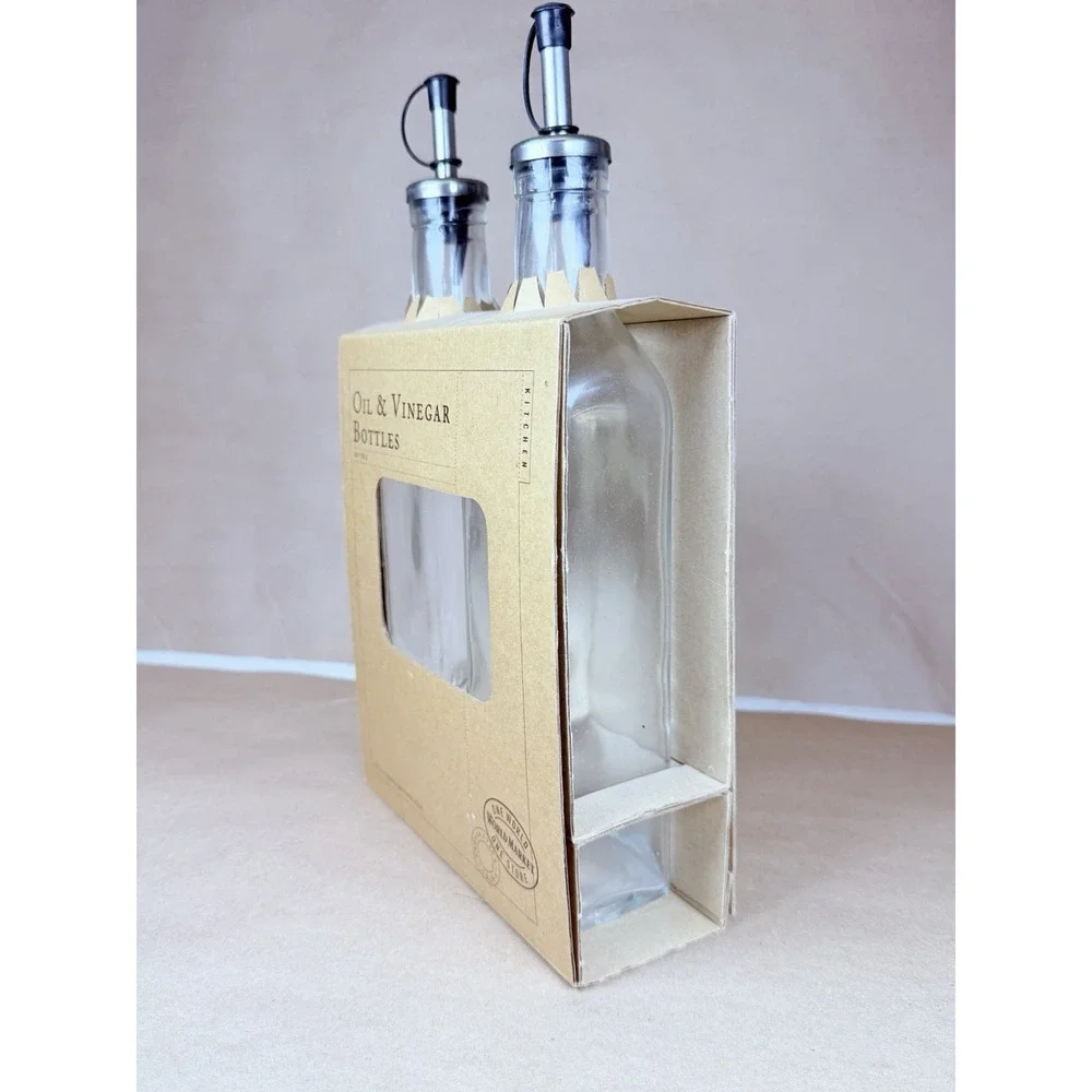 World Market Oil Vinegar Bottles Set 2 Glass 19.3 Oz Pour Spouts New in Box